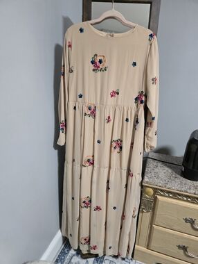 Cream Floral Embroidered Tiered Maxi Dress